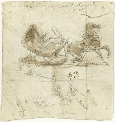 Caricature de soi (recto) ; Cabine lancée par un cheval, avec d
