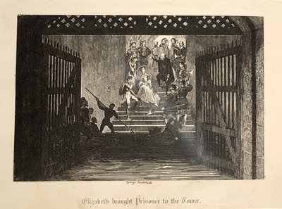 Elizabeth amenée prisonnière à la Tour, de La Tour de Londres, pub. 1840 - George Cruikshank