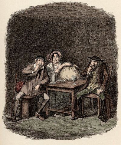 Fagin faisant affaire avec Morris Bolter, alias Noé Claypole, et Charlotte - Le Juif et Morris Bolter commencent à se comprendre - Illustration pour "Oliver Twist" (Les Aventures d