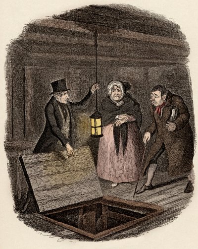 En présence de Monsieur Bumble et Madame Corney, Monks fait disparaître le médaillon d
