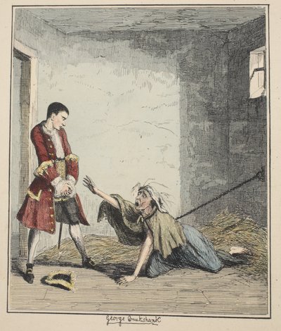 Jack Sheppard rend visite à sa mère à Bedlam, illustration de Jack Sheppard : Une romance par William Harrison Ainsworth, publié 1839 (eau-forte en couleur) - George Cruikshank