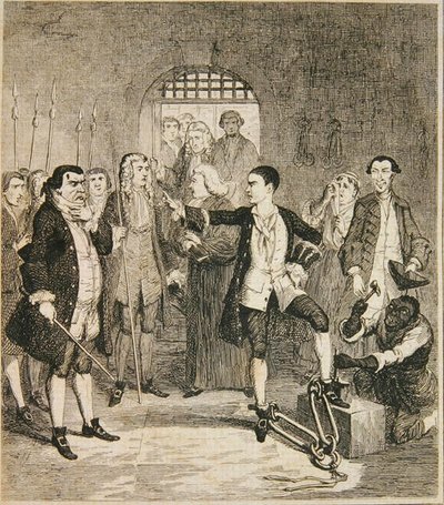 Les fers de Jack Sheppard enlevés dans la salle de pierre à Newgate, illustration de 