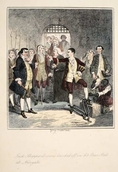 Les fers de Jack Sheppard retirés dans la salle de pierre à Newgate, illustration de Jack Sheppard : Un roman de William Harrison Ainsworth, publié en 1839 - George Cruikshank