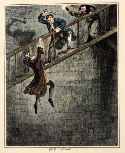 Jonathan Wild jetant Sir Rowland Trenchard dans le puits, illustration de 