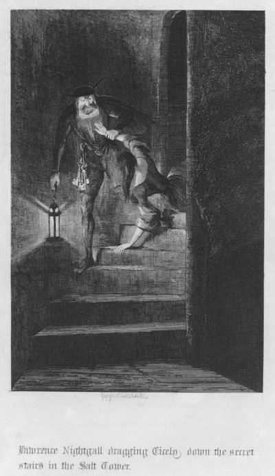 Lawrence Nightgall traînant Cicely dans les escaliers secrets de la Tour de Sel (gravure) - George Cruikshank