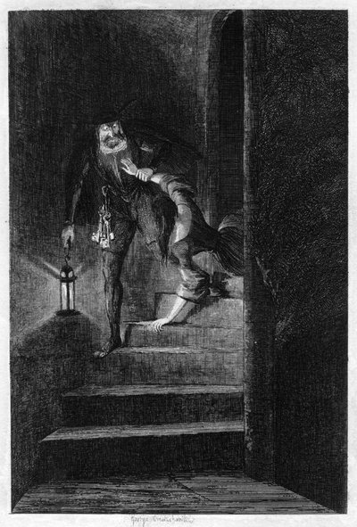 Lawrence Nightgall traînant Cicely dans les escaliers secrets de la tour de sel, 1840 - George Cruikshank