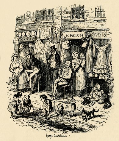 Monmouth Street, Soho, illustration de G. Cruikshank pour Sketches by Boz de Dickens, 1938 - George Cruikshank