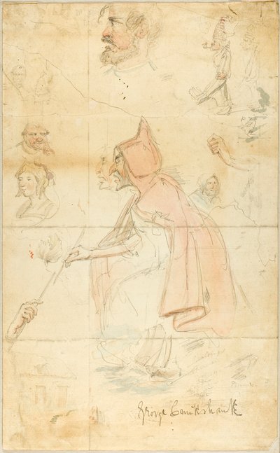 Mother Shipton (recto); Feuille de croquis : Fleur-de-Lis et figures (verso) - George Cruikshank