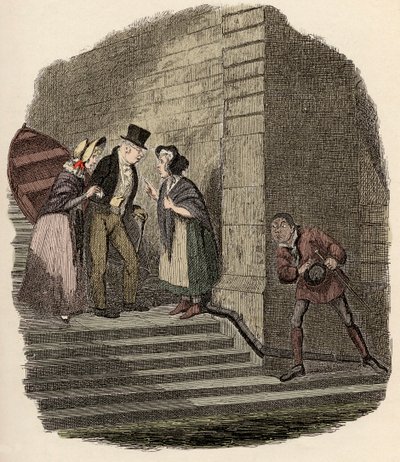 Noe Claypole espionnant le rendez-vous secret entre M. Brownlow, Rose Maylie et Nancy - Illustration pour « Oliver Twist » de Charles Dickens, par George Cruikshank - George Cruikshank