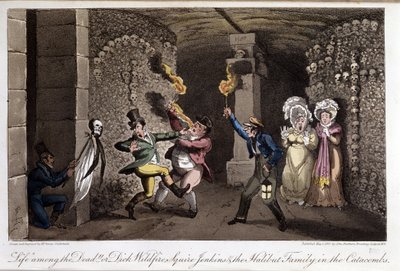 Promenade dans les catacombes - dans « La Vie à Paris » par David Carey, ill. par Georges Cruikshank, éd. Faiburn, Londres - George Cruikshank