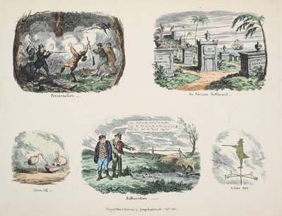 Morceaux et croquis : Préservation, Une colonie africaine, Spatule, Embêtement, Un homme girouette, pub. 1831 - George Cruikshank
