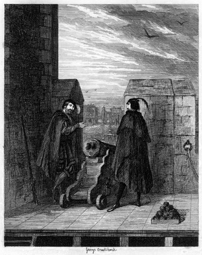 Simon Renard et Winwike le gardien sur le toit de la Tour Blanche, 1553 - George Cruikshank