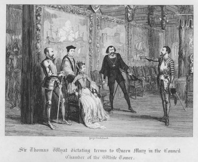 Sir Thomas Wyat dictant des conditions à la Reine Mary dans la Salle du Conseil de la Tour Blanche (gravure) - George Cruikshank