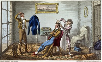 Tailleur et coiffeur à domicile - dans "Life in Paris" par David Carey, ill. par George Cruikshank, éd. Fairburn, Londres - George Cruikshank