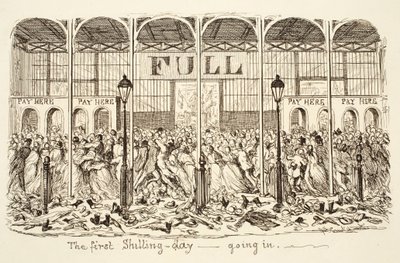 Le premier jour de Shilling - Entrée, pub. 1851 (gravure) - George Cruikshank
