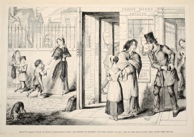 Incapables de trouver un emploi, ils sont poussés par la pauvreté à mendier dans les rues, et de cette manière ils continuent à fournir la bouteille. Planche IV de 