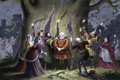 William Shakespeare Les Joyeuses Commères de Windsor, pièce jouée pour la première fois en 1597 ou 1600. Falstaff, ayant tenu son rendez-vous supposé dans la forêt de Windsor avec Mistress Ford en tant que Herne le Chasseur et ayant été pincé et frappé par - George Cruikshank
