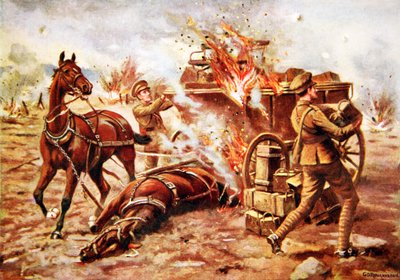Le Bombardier par Intérim H.A. Creasey aidant à décharger un wagon de munitions en feu sous un très lourd bombardement - George Derville Rowlandson