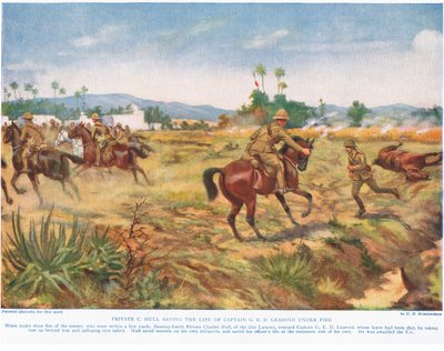 Le soldat C. Hull sauvant la vie du capitaine G.E.D. Learoyd, sous le feu, illustration de 