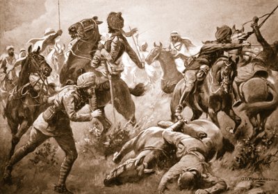 Risaldar Santa Singh, Dafadar Bisham Singh et Sowar Buda Singh perçant les rangs des Arabes pour assister le capitaine Willoughby - George Derville Rowlandson