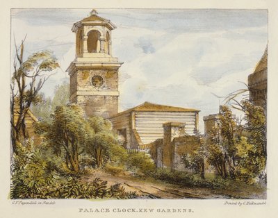 Horloge du Palais, Jardins de Kew, planche 7 de Jardins de Kew : Une série de vingt-quatre dessins sur pierre, gravés par Charles Hullmandel (1789-1850) publiés en 1820 - George Ernest after Papendiek