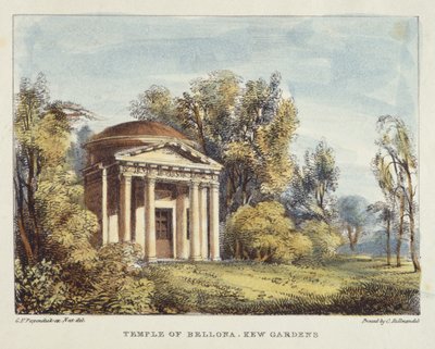 Temple de Bellone, Jardins de Kew, planche 24 de Kew Gardens: A Series of Twenty-Four Drawings on Stone, gravé par Charles Hullmandel, publié en 1820 (lithographie coloriée à la main) - George Ernest after Papendiek