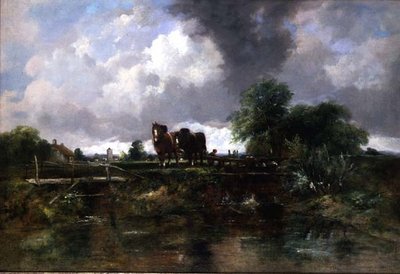 Paysage fluvial boisé avec chevaux travaillant une écluse - George Frederic Watts