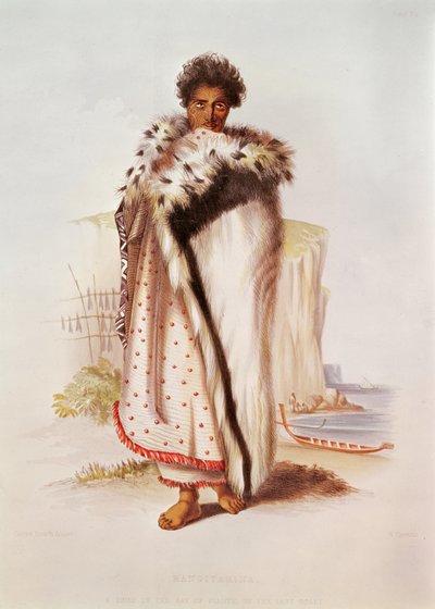 Rangitakina, un chef de la baie de Plenty sur la côte est, illustration de Nouvelle-Zélande illustrée, gravée par W. Hawkins, vers 1845 - George French Angas
