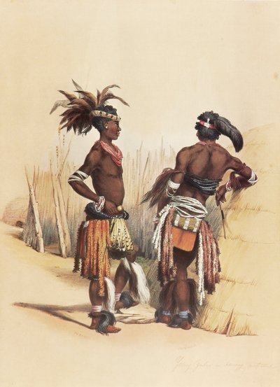 Deux jeunes Zoulous, parés de tenues traditionnelles vibrantes - George French Angas