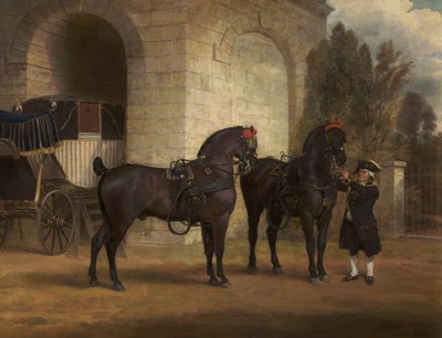 Deux chevaux de carrosse noirs avec un cocher, 1791 - George Garrard