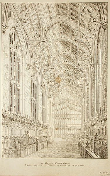 Chapelle du New College : Vue intérieure montrant un design alternatif pour le toit proposé - George Gilbert Scott