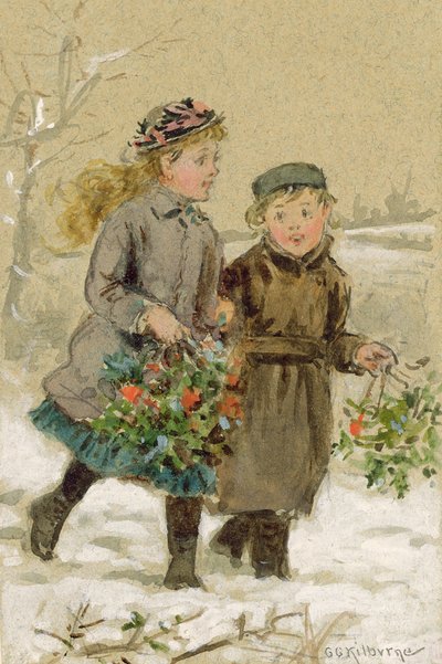 Enfants jouant dans la neige - Collecte de houx - George Goodwin Kilburne