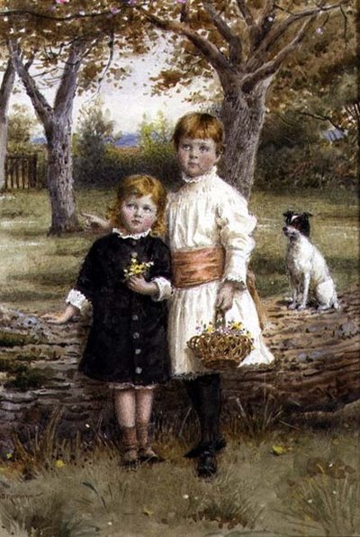 Deux sœurs avec un panier de fleurs - George Goodwin Kilburne