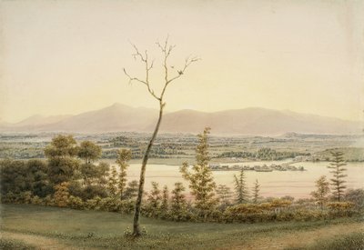 Crépuscule précoce, Kaatskill Catskill Landing et montagnes depuis la rive est de l