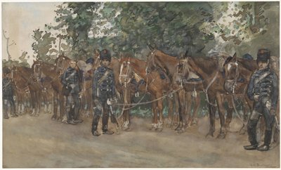 Hussards debout à côté de leurs chevaux le long de la route - George Hendrik Breitner
