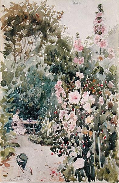 Thé dans le jardin de roses trémières, Dives, vers 1890 - George Henry Clements