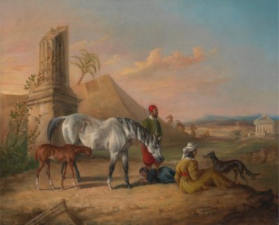 Jument arabe grise et poulain, avec une famille - George Henry Laporte