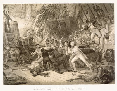 Horatio Nelson abordant le San Josef à la bataille du cap Saint-Vincent, 14 février 1797, gravé par John Crew d
