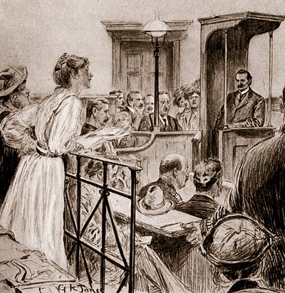Mlle Christabel Pankhurst interrogeant M. Herbert Gladstone, 1909 - George Kingston Jones