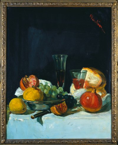 Raisins, citrons et grenades avec verres de vin blanc et pain - George Leslie Hunter