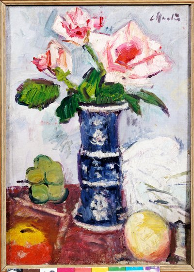 Roses Roses dans un Vase Chinois Bleu et Blanc en Forme de Gu - George Leslie Hunter
