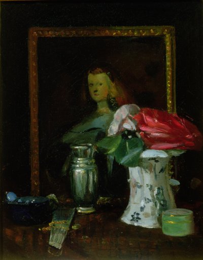 Nature morte de roses, portrait, vase et éventail - George Leslie Hunter