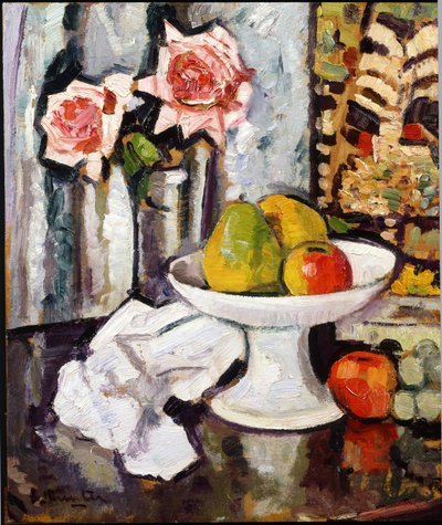 Nature morte avec bol de fruits et vase de roses roses - George Leslie Hunter