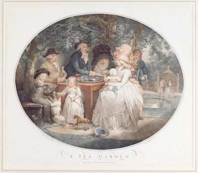 Un Jardin de Thé, gravure en couleur au pointillé d
