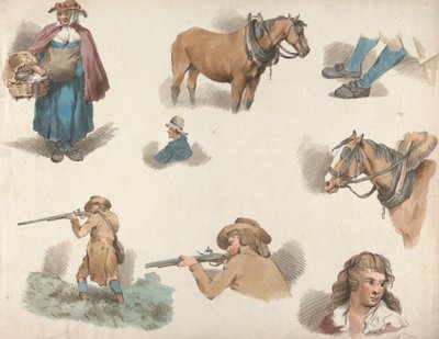 Ensemble de cinq : Huit études : Femme avec panier, cheval de charrette avec œillères, etc. - George Morland