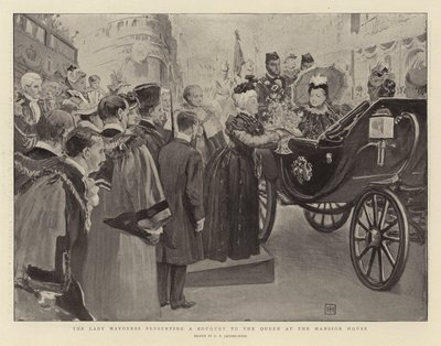 La Lady Mayoress offrant un bouquet à la Reine au Mansion House - George Percy Jacomb Hood