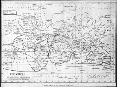 Carte du monde montrant les routes de navigation et les câbles télégraphiques, vers 1893 - George Philip and Son Ltd