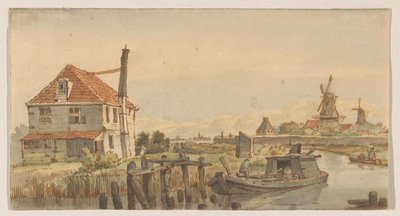 Canal avec un bateau, une maison et deux moulins - George Pieter Westenberg