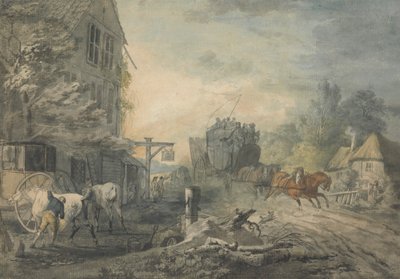 Diligence traversant un village sur la route Bath-Londres - George Robertson