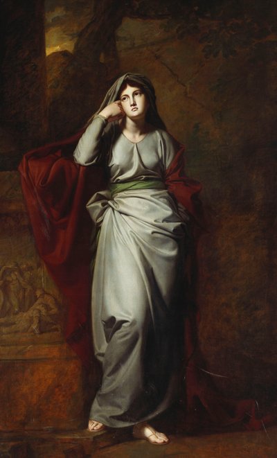 Il Penseroso, ou Mélancolie : Une figure féminine, en pied, portant des robes vert pâle, debout dans un paysage, reposant son coude gauche sur un piédestal portant une frise classique - George Romney